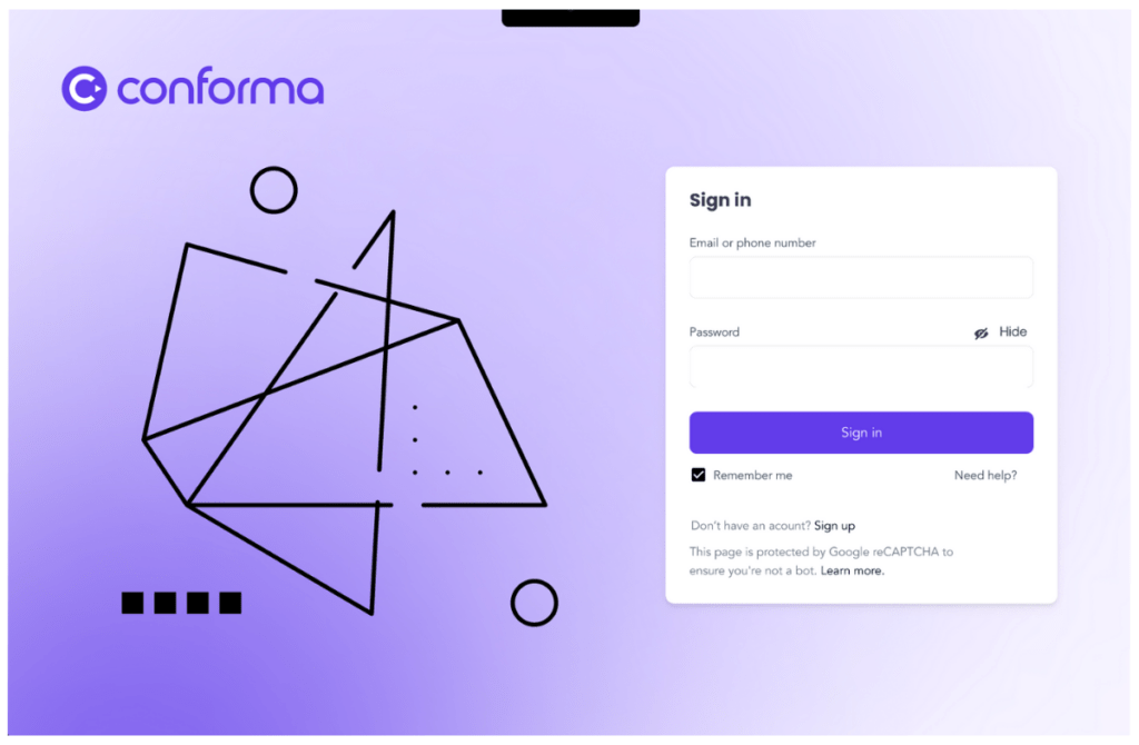 Conforma login screen