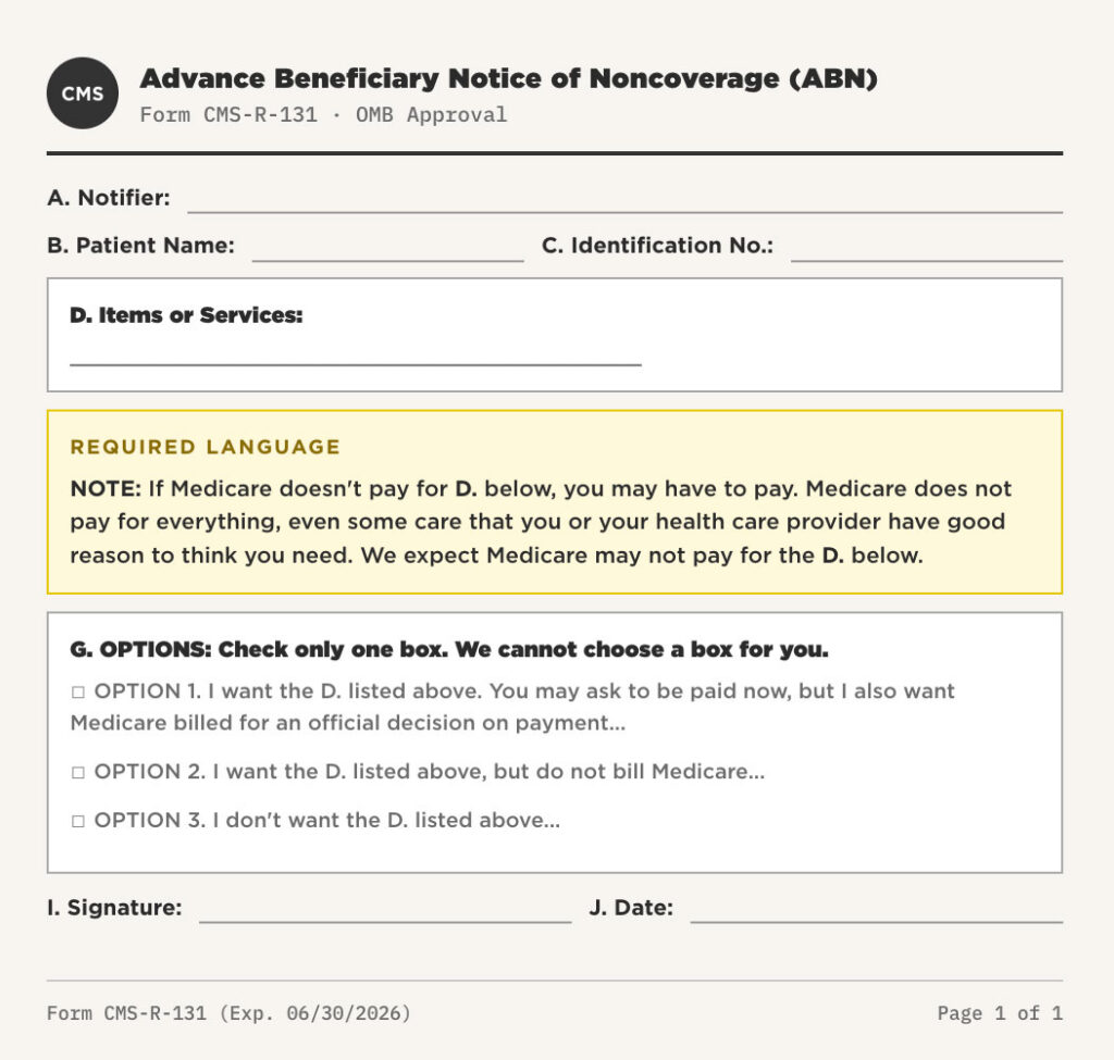 CMS Advance Beneficiary Notice of Noncoverage (ABN) Form CMS-R-131 – approved source document example